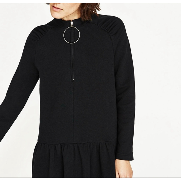 ZARA Long Sleeve Sweater Dress Big Hoop Zipper Ruched Vneck Black - Picture 4 of 7
